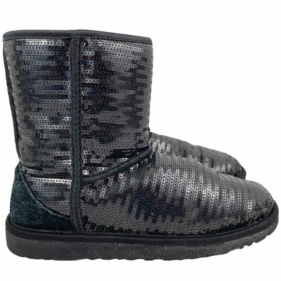 Ugg Classic Short Boots Womens Size 6 Black Cosmos Sequin Spark Shearling Lined - Picture 4 of 12